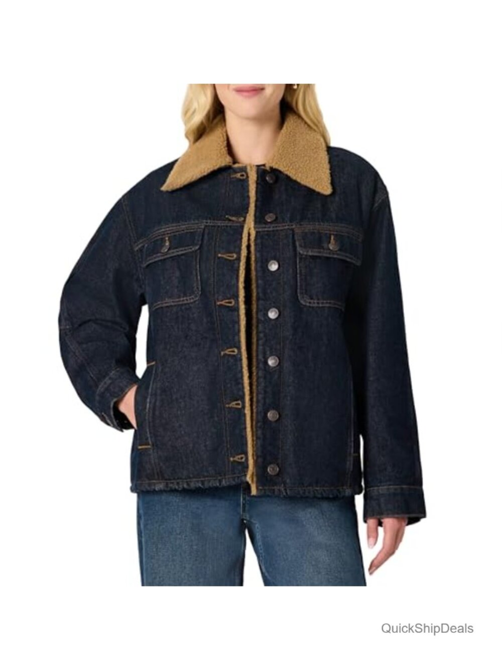 Oversized Denim Jacket with Faux Shearling Collar and Lining Heavyweight